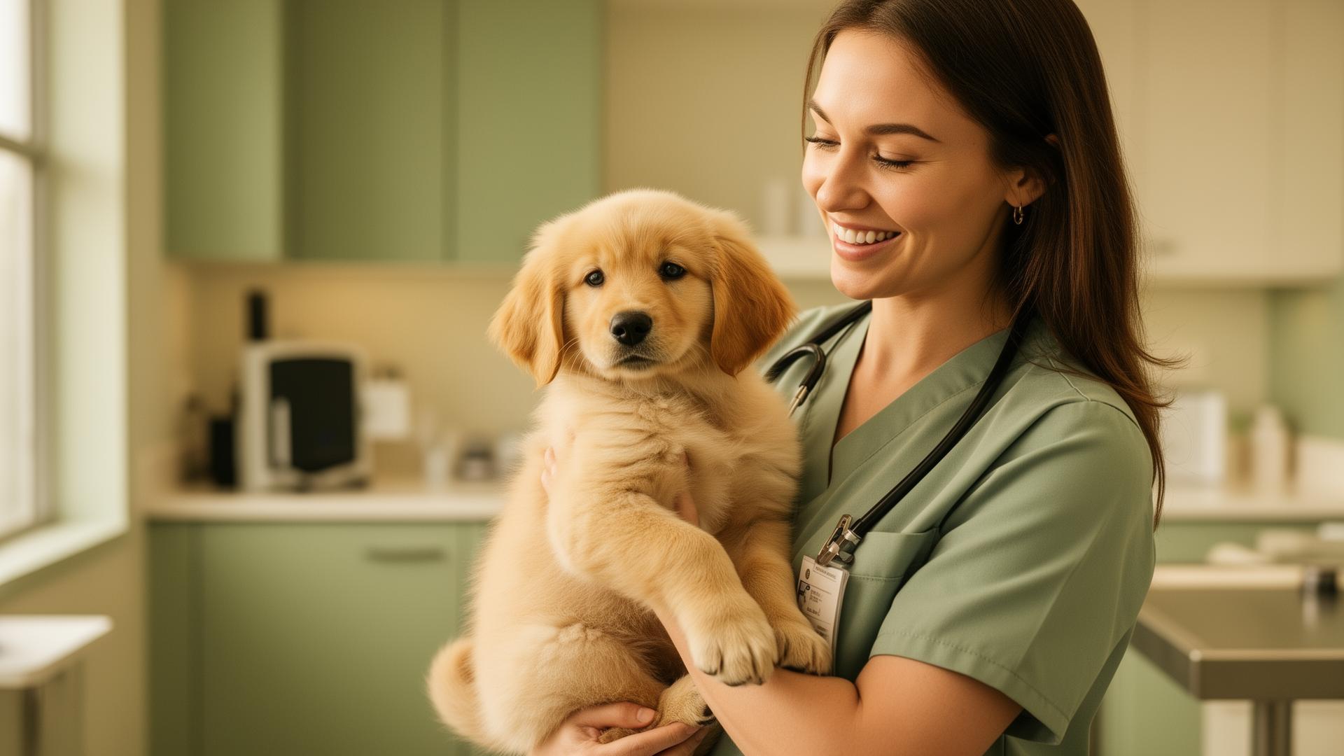 Veterinaria sorridente con cucciolo